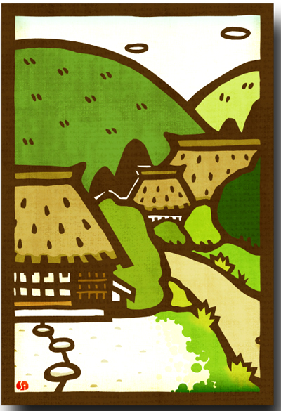切り絵ポストカード　日本の風景古民家