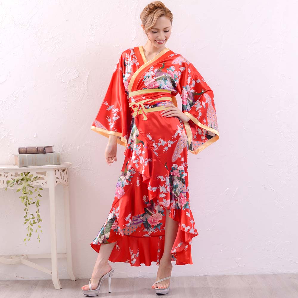 孔雀和柄花魁着物ロングドレス 和柄 衣装 ダンスよさこい花魁コスプレキャバドレス 孔雀和柄着物ドレス 和柄 衣装 ダンス よさこい 花魁 コスプレ