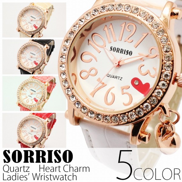 正規品SORRISOソリッソ ハート文字盤にラインストーンベゼル ハートチャーム腕時計 SRF15 レディース腕時計