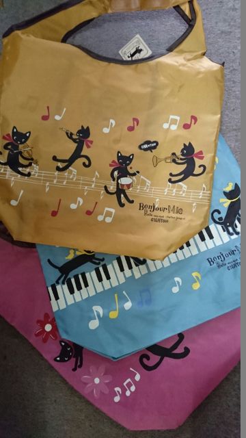 黒猫ミィーのエコバッグ　花 　ピアノ　ミュージック2018
