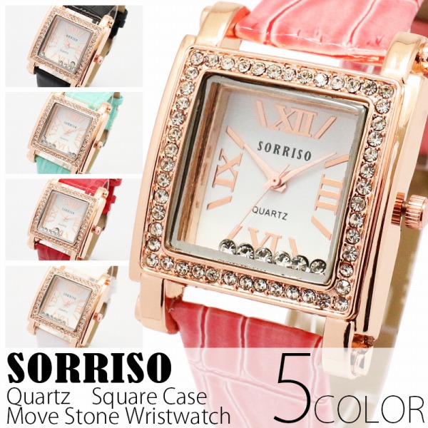 正規品SORRISOソリッソ ベゼルにラインストーンを散りばめたスクエアケース腕時計 SRHI6 レディース腕時計