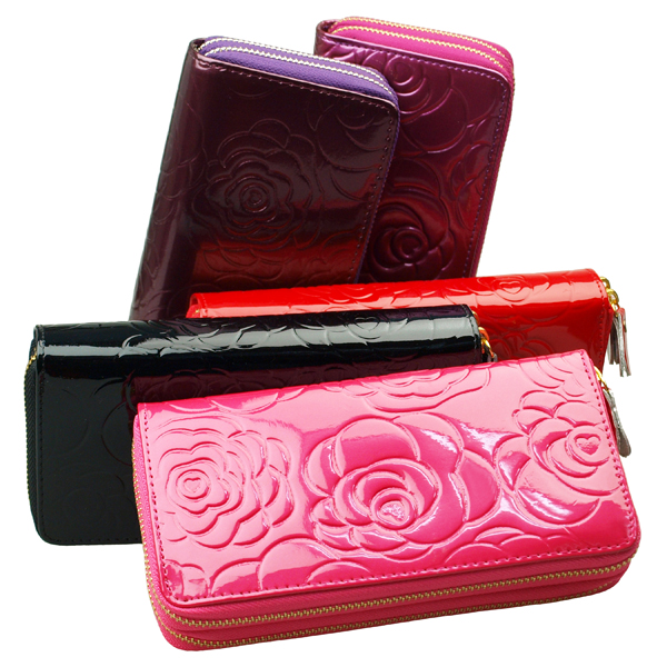 人気商品 ローズ型押しpu財布ダブルファスナー 薔薇 エナメル調 レディース長財布 ファッション雑貨 株式会社 カツト 問屋 仕入れ 卸 卸売の専門 仕入れならnetsea