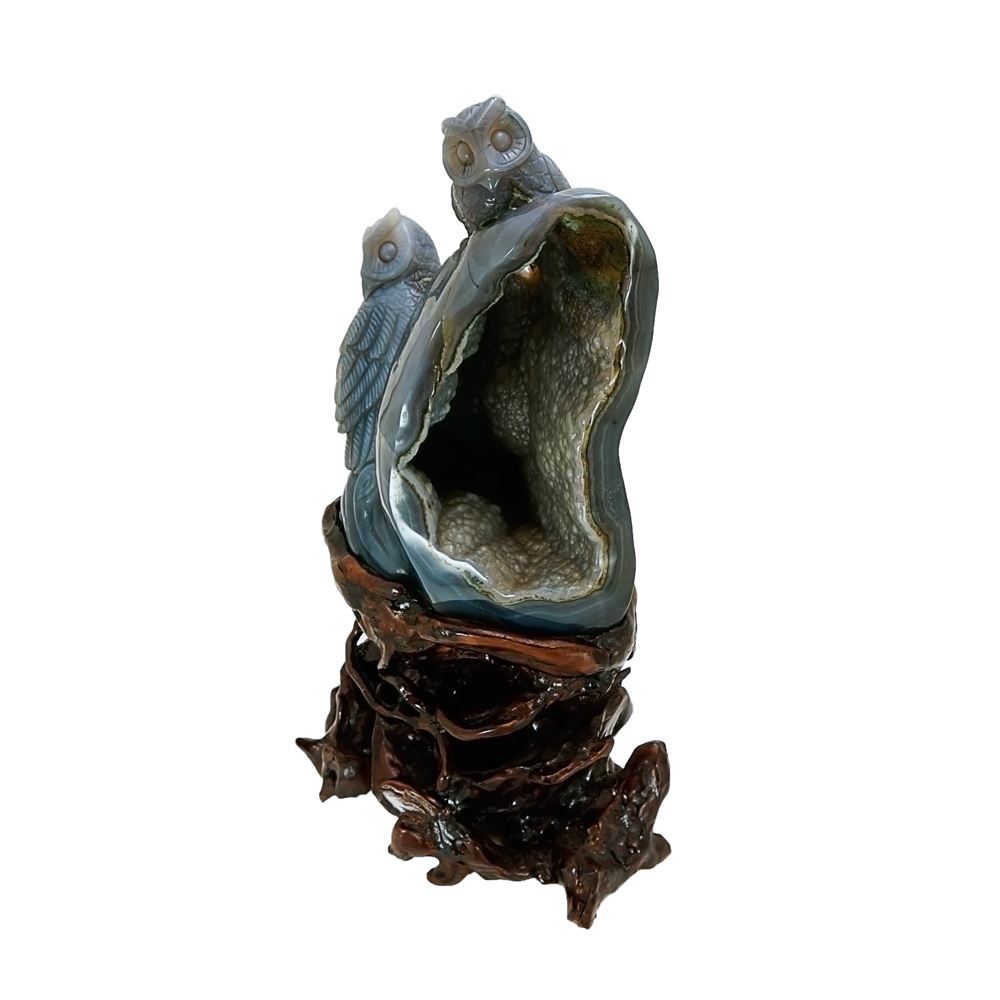 手彫り 彫刻 フクロウ メノウ 台座付4.9kg  天然石 パワーストーン インテリア 置物 置き物