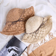 手編み帽子 / つば広 折り畳める 中折れ ハット / レディース 蝶結び  麦わら帽子 紫外線対策 UVケア