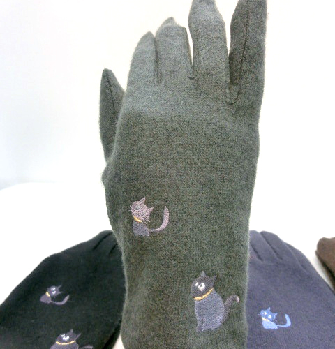 【手袋】【婦人用】婦人ウール混親子ネコ刺繍手袋