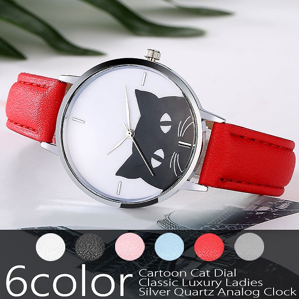 黒猫のモノトーン文字盤 シンプルかわいいデザインウォッチ ネコ ねこ 革ベルト SPST017 レディース腕時計