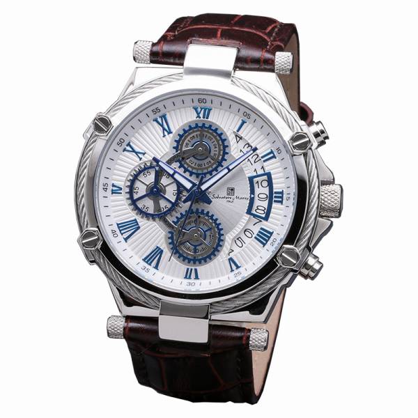 正規品SalvatoreMarra腕時計サルバトーレマーラ SM18102-SSWH クロノグラフ 革ベルト メンズ腕時計