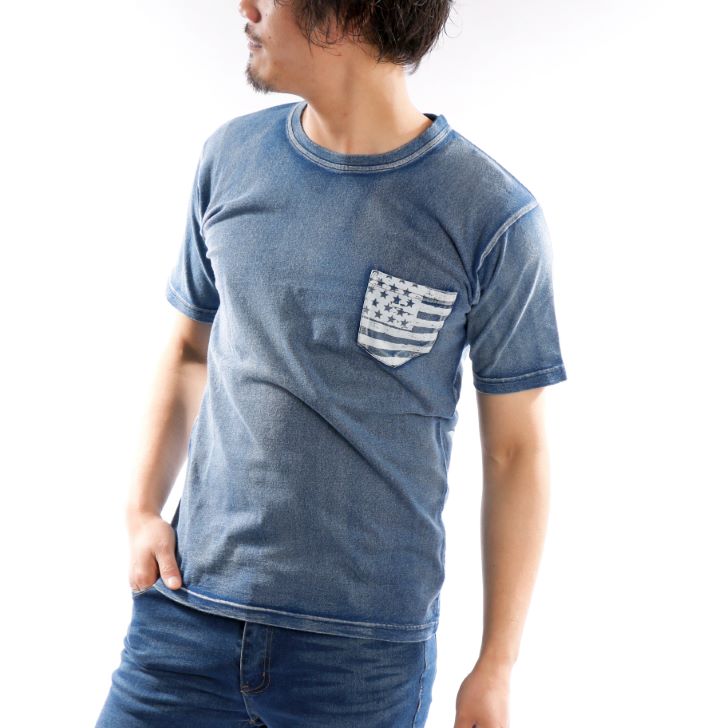 春夏新作 半袖tシャツ メンズ インディゴ 星条旗 国旗 プリント クルーネック ポケット カットソー アパレル 佐藤正 株式会社 問屋 仕入れ 卸 卸売の専門 仕入れならnetsea