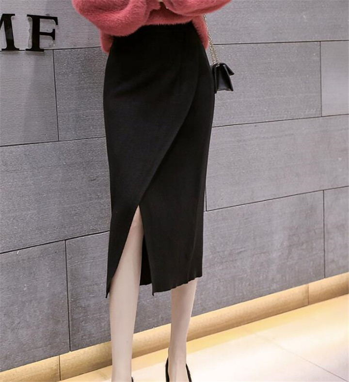 韓国ファッション　レディース　ハイウエスト ニットスカート