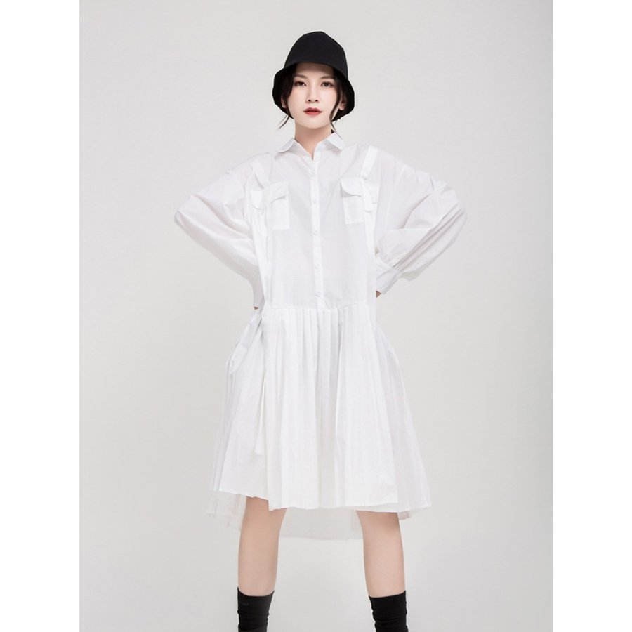 ワンピース レディース ロングワンピ シャツワンピース 長袖 フレア プリーツ大きいサイズ 着痩せ白 アパレル 株式会社 福音社 問屋 仕入れ 卸 卸売の専門 仕入れならnetsea