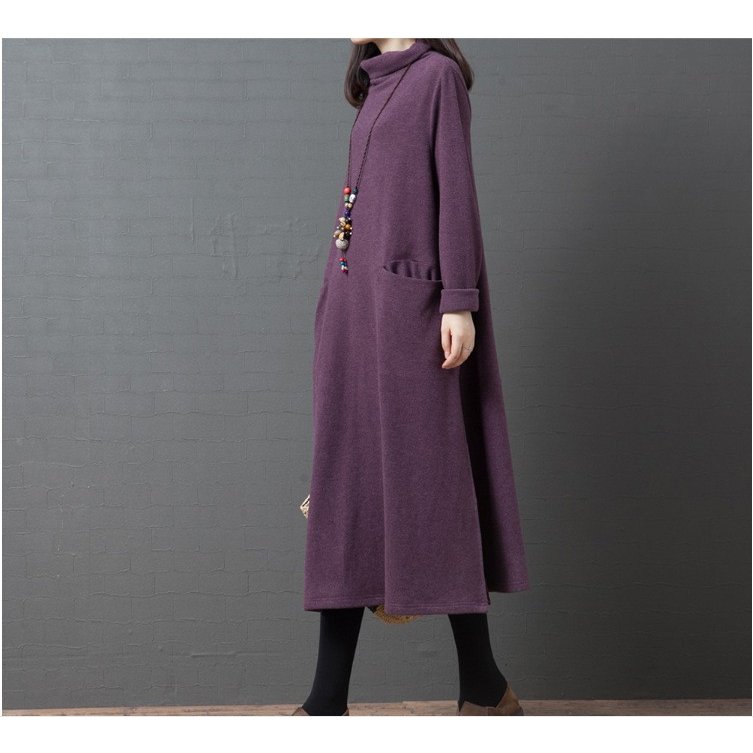 ワンピース レディース ロング丈 秋冬 ハイネック Aライン ワンピース カジュアルゆったりパープル アパレル 株式会社 福音社 問屋 仕入れ 卸 卸売の専門 仕入れならnetsea