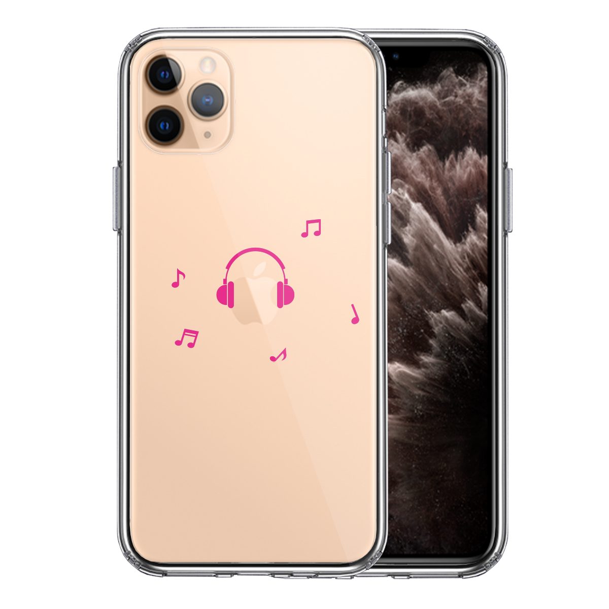 iPhone11pro  側面ソフト 背面ハード ハイブリッド クリア ケース カバー 音楽 music ヘッドフォン ピンク