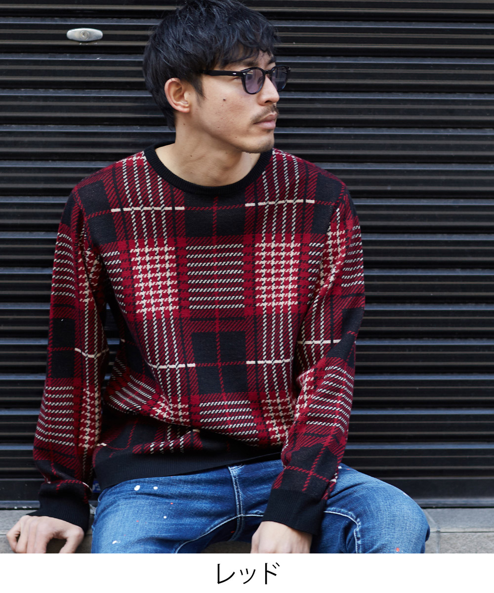 メンズ ジャガード タータンチェック柄 長袖 クルーネック ニット セーター メンズアパレル 株式会社 インプローブス 問屋 仕入れ 卸 卸売の専門 仕入れならnetsea