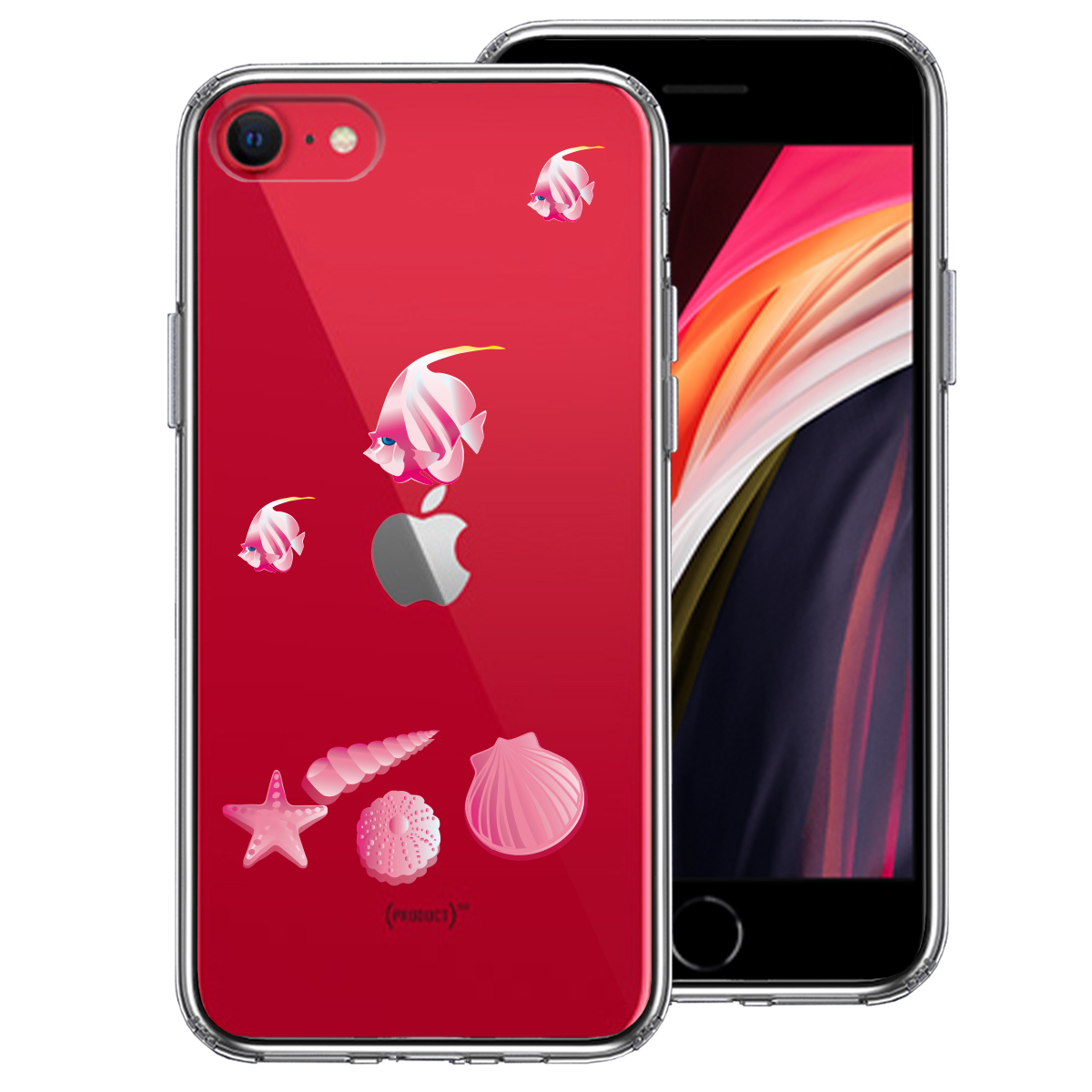 iPhoneSE(第3 第2世代) 側面ソフト 背面ハード ハイブリッド クリア ケース 夏 熱帯魚 と 貝 ピンク