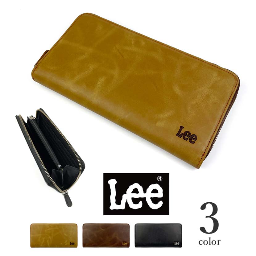 全3色　Lee リーラウンド 刺繍ロゴ長財布 ロングウォレット 本革 リサイクルレザー