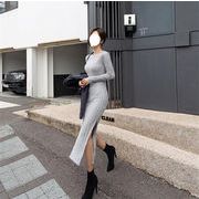 ≪今だけお試し価格≫韓国ファッションニット スプリット タイトスカート セータードレス ラウンドネック