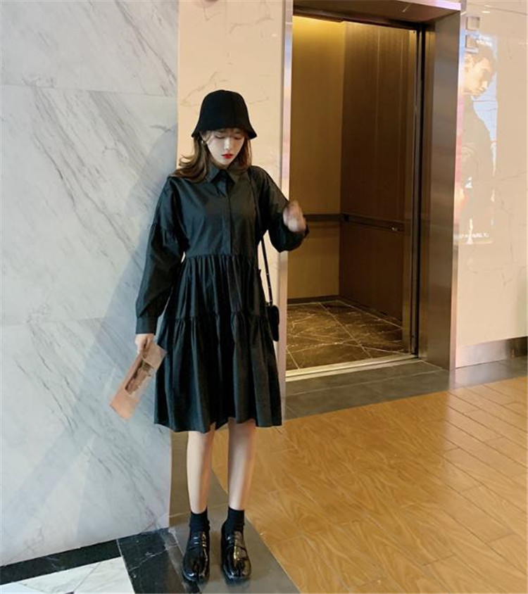 大好評レビュー続々 韓国ファッション 2020秋 新品 長袖 単体ボタン シャツ・ワンピース Aライン 大きい裾