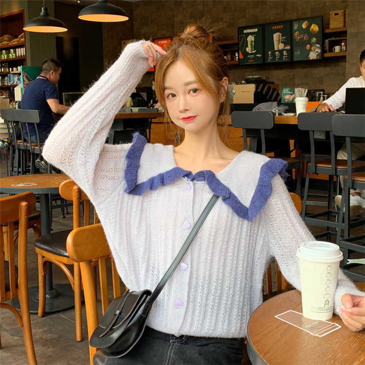 元気少女の衣装 韓国ファッション ニット ラペル カーディガン セーター  単体ボタン ギャザリング