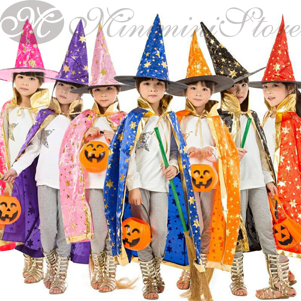 【日本倉庫即納】 ハロウィン コスプレ 帽子付き 2点セット 子供 仮装 魔女マント 星柄