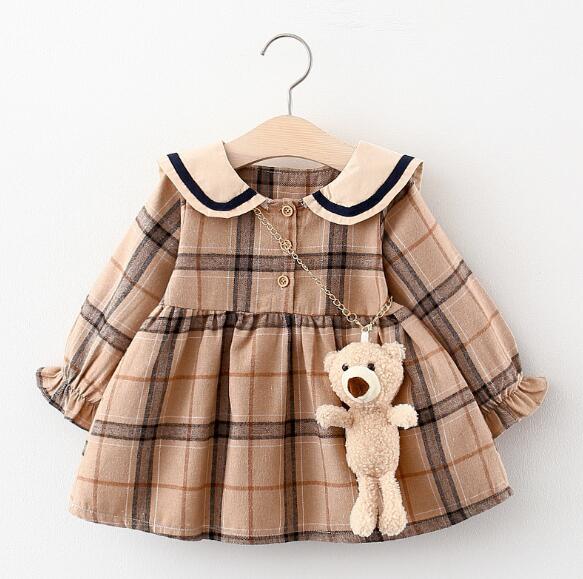 チェック　子供服　ワンピース+クマ　春秋　韓国ファッション　キッズ　ファッション