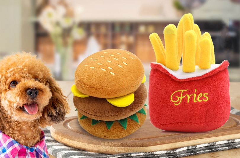 発声動物玩具　ハンバーガー  フライドポテト 　ペットグッズ　ペット 　犬　ペット用おもちゃ
