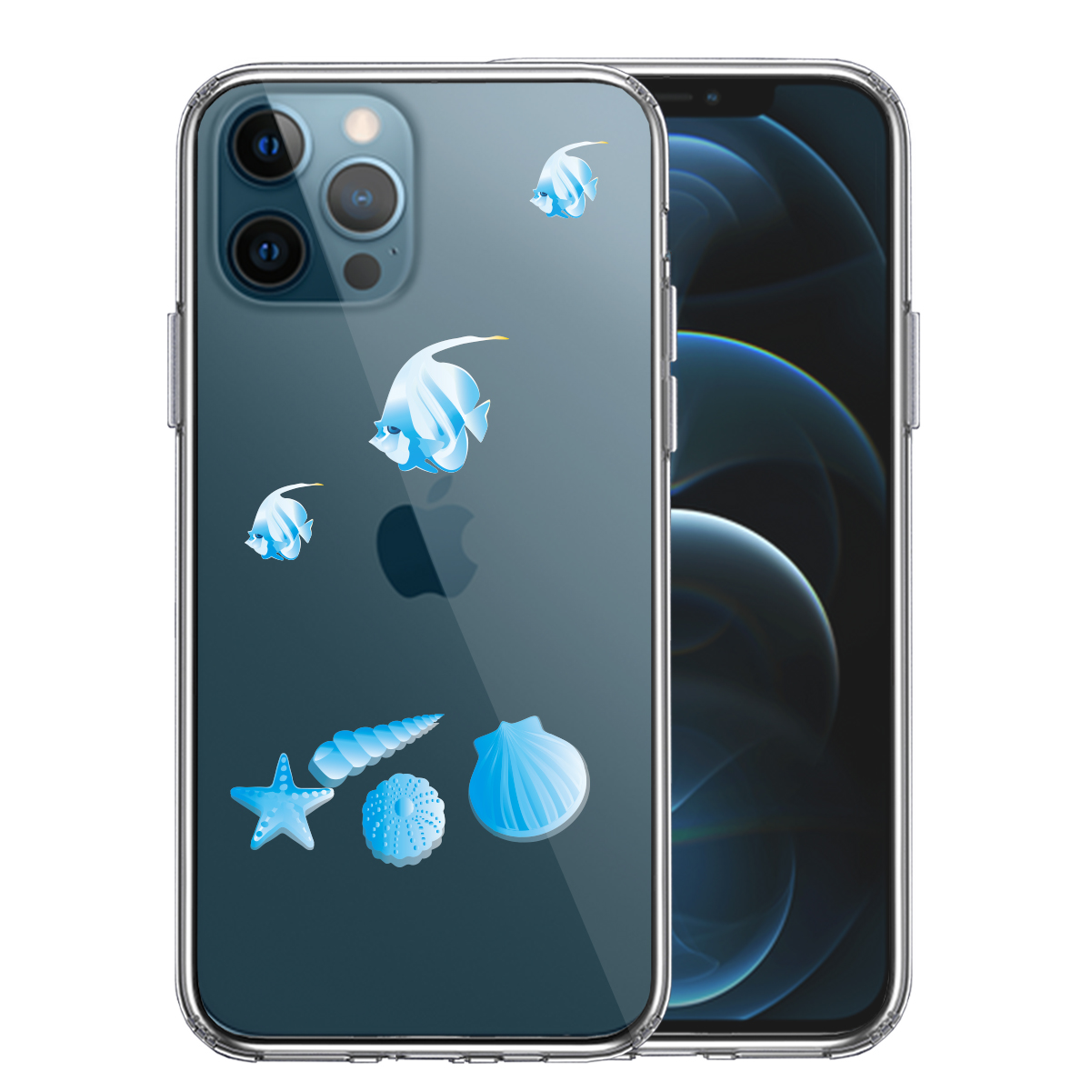iPhone12 Pro 側面ソフト 背面ハード ハイブリッド クリア ケース 夏 熱帯魚 と 貝 ブルー