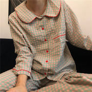 百掛け 暖かい 格子縞 長袖 2点セット パジャマ ゆったりする シンプル ルームウェア 快適である