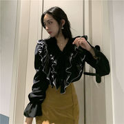 韓国ファッション レトロ フリル  Vネック トップス デザインセンス シャツ 気質 長袖 シャツ トレンド