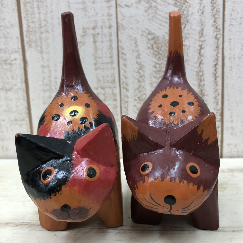 木彫り 太っちょネコ4個セット[インドネシア木彫 置物 飾り アニマル