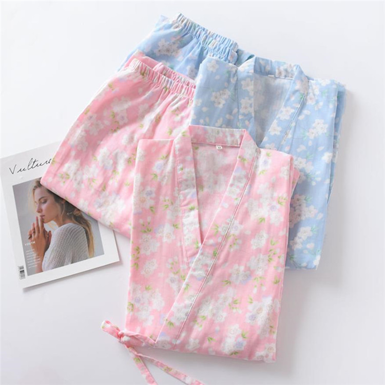 気持ちいい布地 小さい新鮮な 桜 プリント 着物 セット パジャマ 漢服 綿 長袖 ロングパンツ ルームウェア