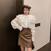 早く買いに来てください 韓国ファッションレトロ 人形の襟 フリル 単体ボタン 長袖 気質 ホワイトシャツ
