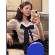 韓国ファッション レトロ 大きいサイズ 婦人服 蝶結び Vネック ゆったりする 短いスタイル 半袖 シャツ