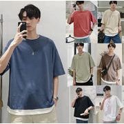 オールシーズン使えます 韓国ファッション フェイク2ピース 半袖 Tシャツ ゆったりする 無地 縫付