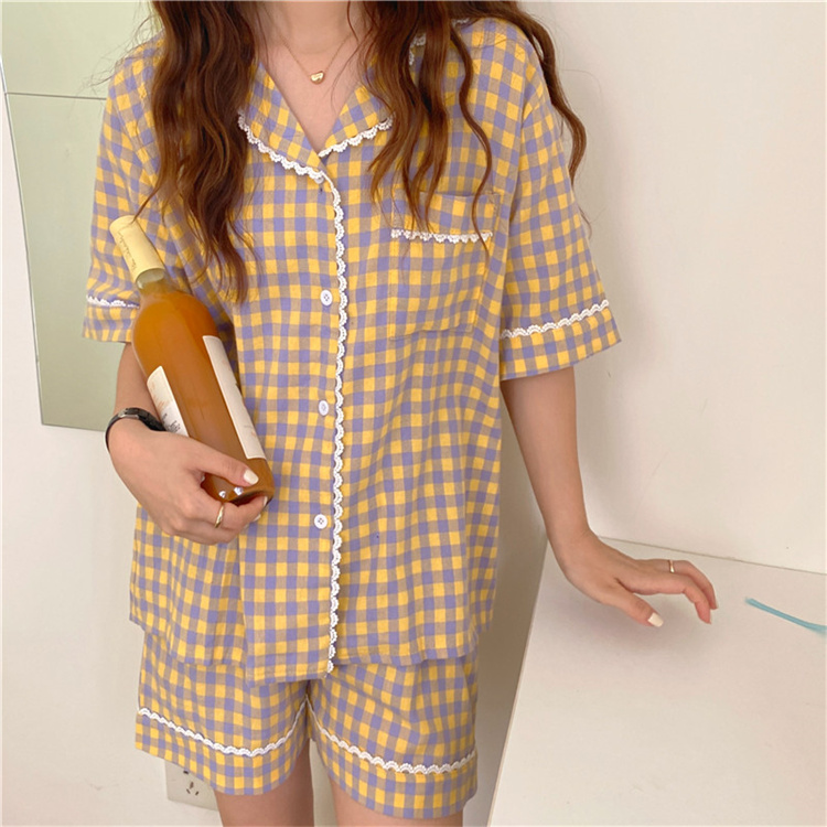 今だけの特別価格 韓国ファッション 半袖 ショートパンツ パジャマ 格子縞 ルームウェア