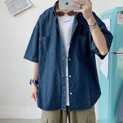 新品百掛け 個性的なデザイン 夏新作 半袖 デニム シャツ 韓国スタイル ゆったり 上着 メンズ トップス