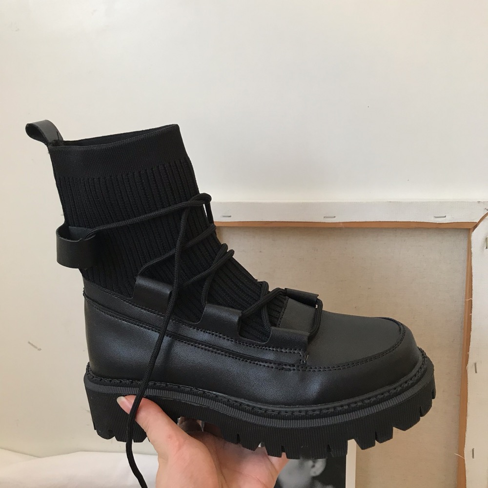 ブーツ ショートブーツ ニット 厚底 ロンドン風 薄手 レースアップ レディース