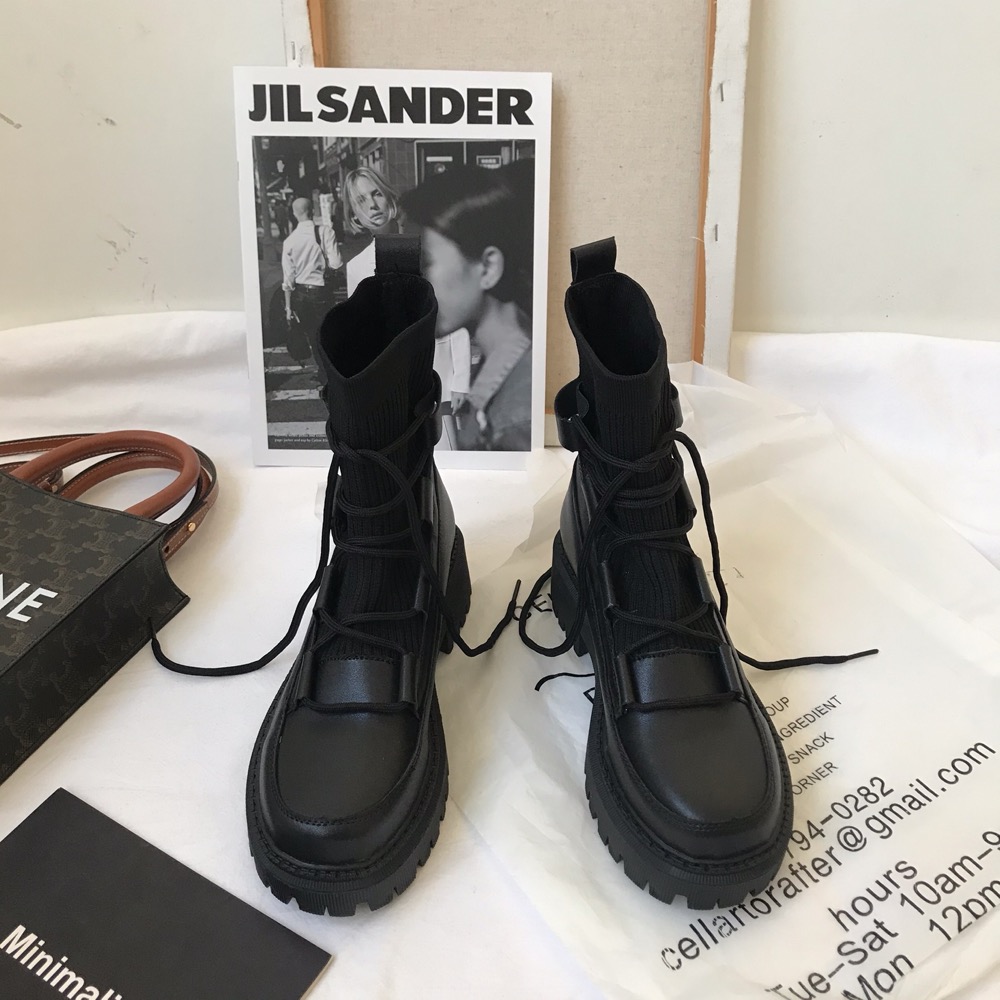 ブーツ ショートブーツ ニット 厚底 ロンドン風 薄手 レースアップ レディース