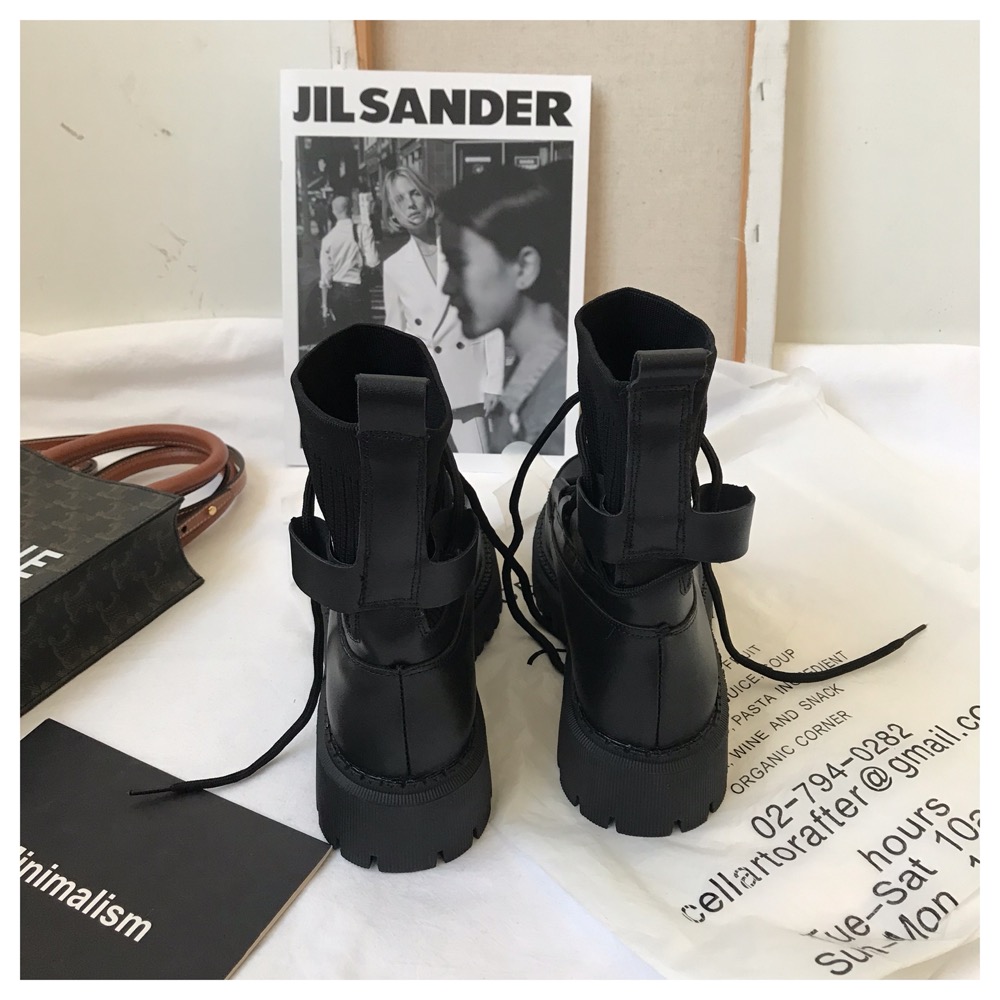 ブーツ ショートブーツ ニット 厚底 ロンドン風 薄手 レースアップ レディース