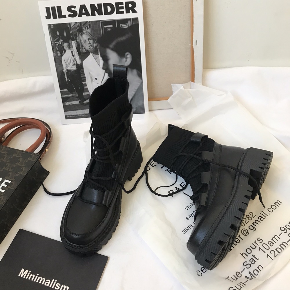 ブーツ ショートブーツ ニット 厚底 ロンドン風 薄手 レースアップ レディース