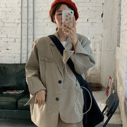 韓国ファッション ゆったりする 怠惰な風 格子縞 スーツ コート スプリット スーツ スカート セット