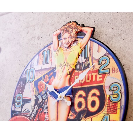 壁掛時計】アンティークエンボス クロック ROUTE 66 Sexy Girl