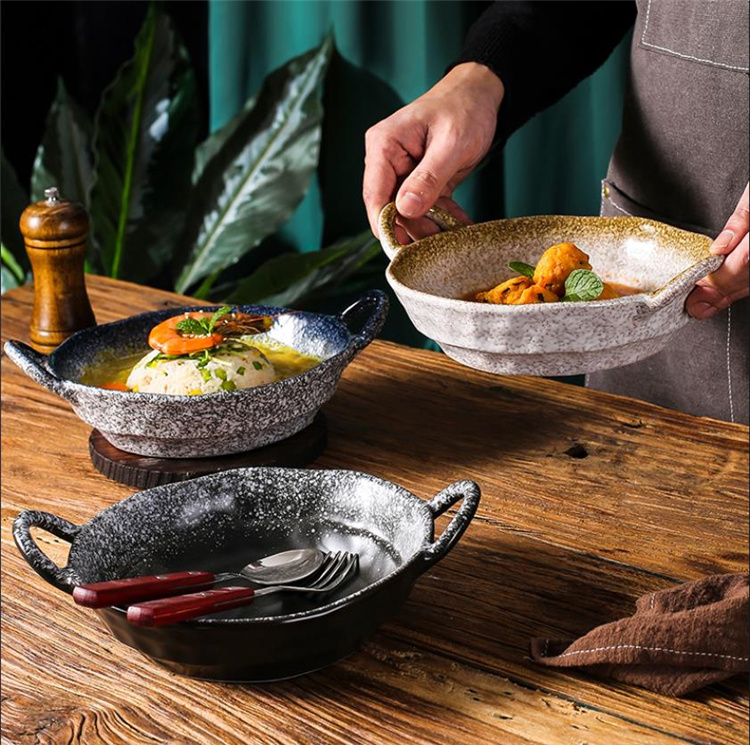 おすすめ商品  レトロ 食器 粗い陶磁器 家庭用 高級感 カレーライスプレート バイノーラル スーププレート