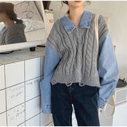 これからの時期に 韓国ファッション 縫付 フェイク2ピース デニム ニットトップス セーター
