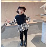 定番 2021 秋 女の子 気質 格子縞 縫付 ワンピース 子供 プライミング パーカー 子供服
