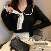 【日本倉庫即納】 ニットトップス レディース リボン付き