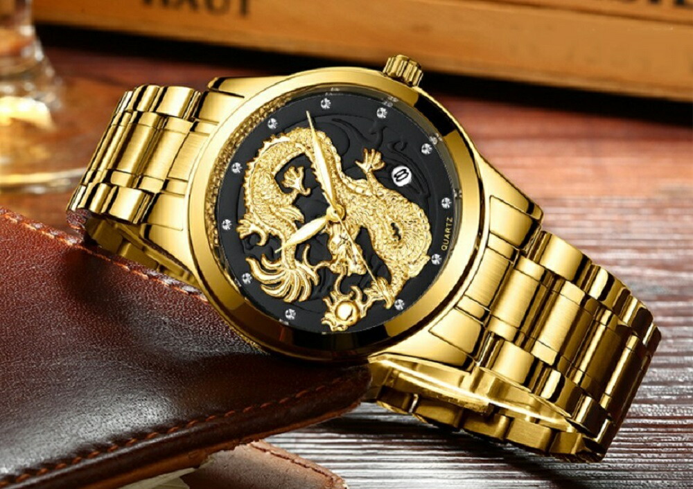 腕時計 盤面ブラック 送料無料 ゴールドドラゴン 昇竜 風水