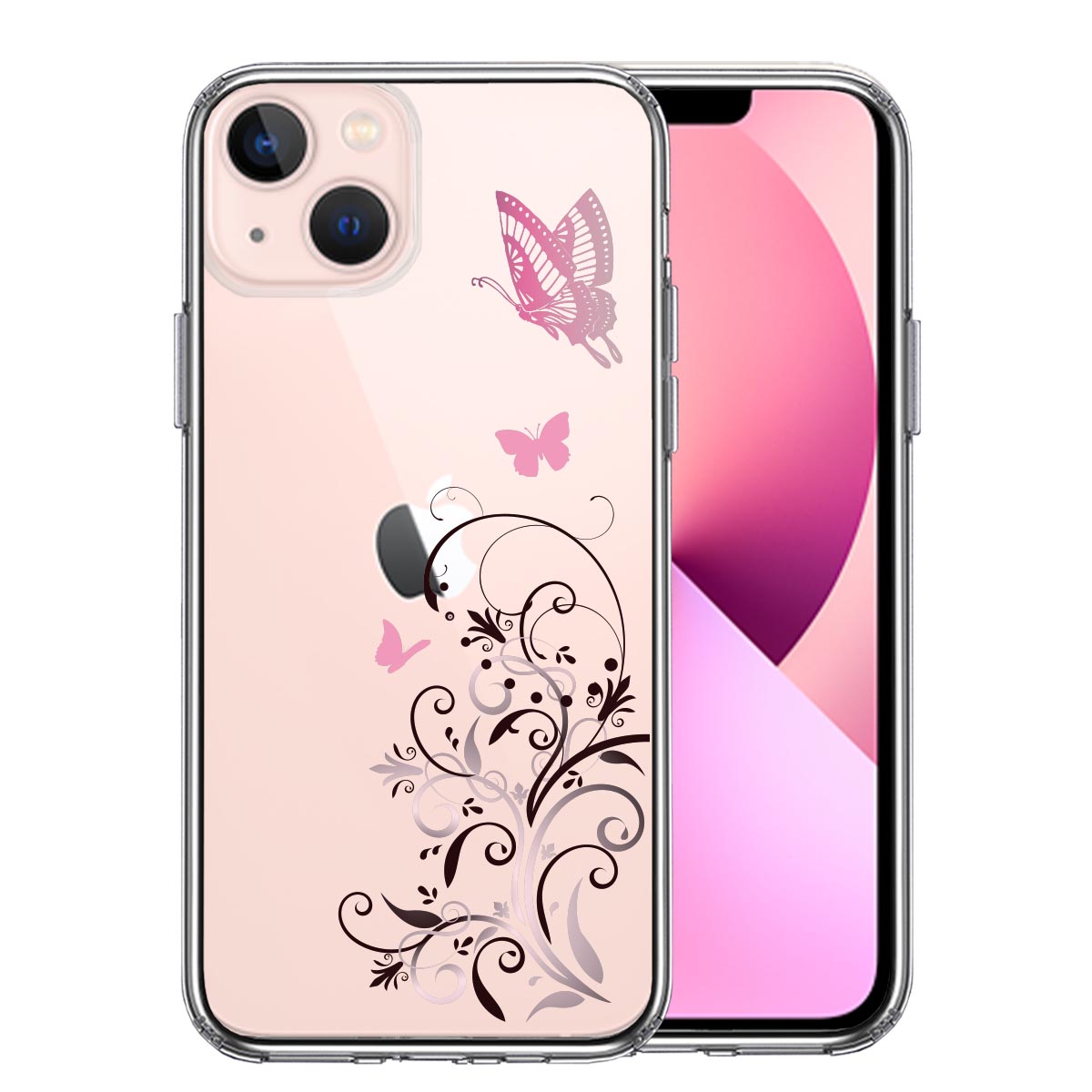 iPhone13 側面ソフト 背面ハード ハイブリッド クリア ケース フローラル バタフライ (ピンク）