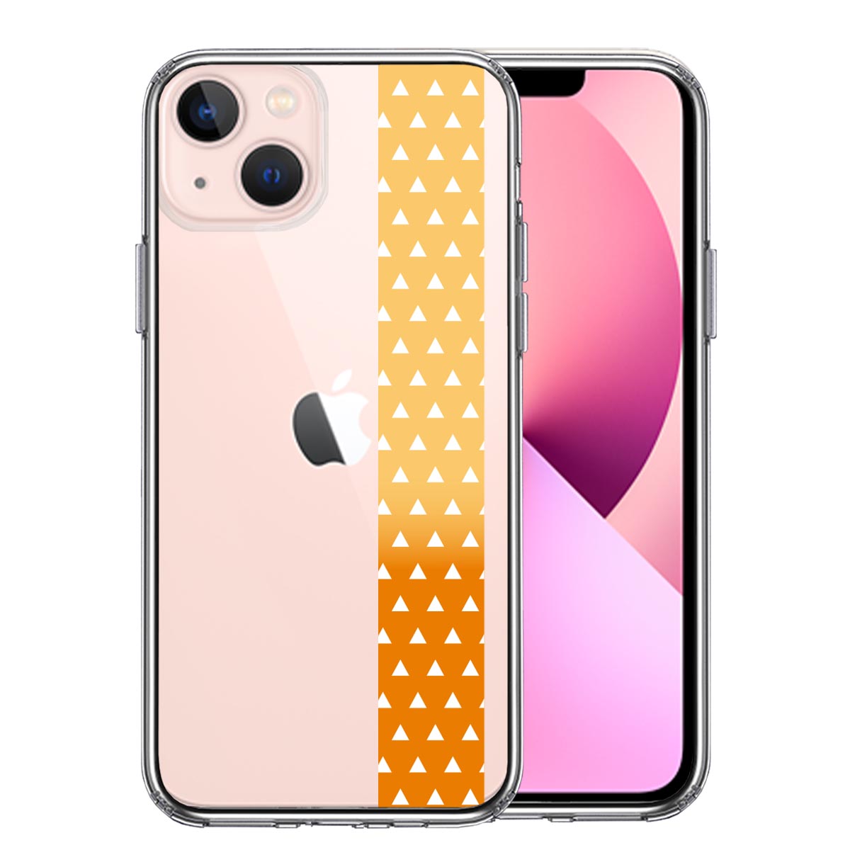 iPhone13 側面ソフト 背面ハード ハイブリッド クリア ケース 和柄 帯  鱗紋 うろこ紋 黄色 オレンジ