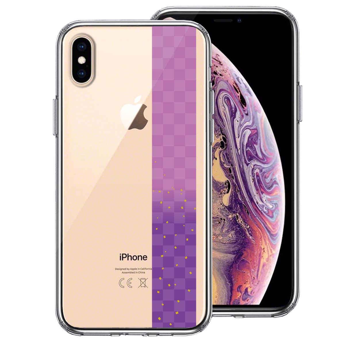 iPhoneX iPhoneXS 側面ソフト 背面ハード ハイブリッド クリア ケース 和柄 帯  市松模様 パープル 紫 金箔