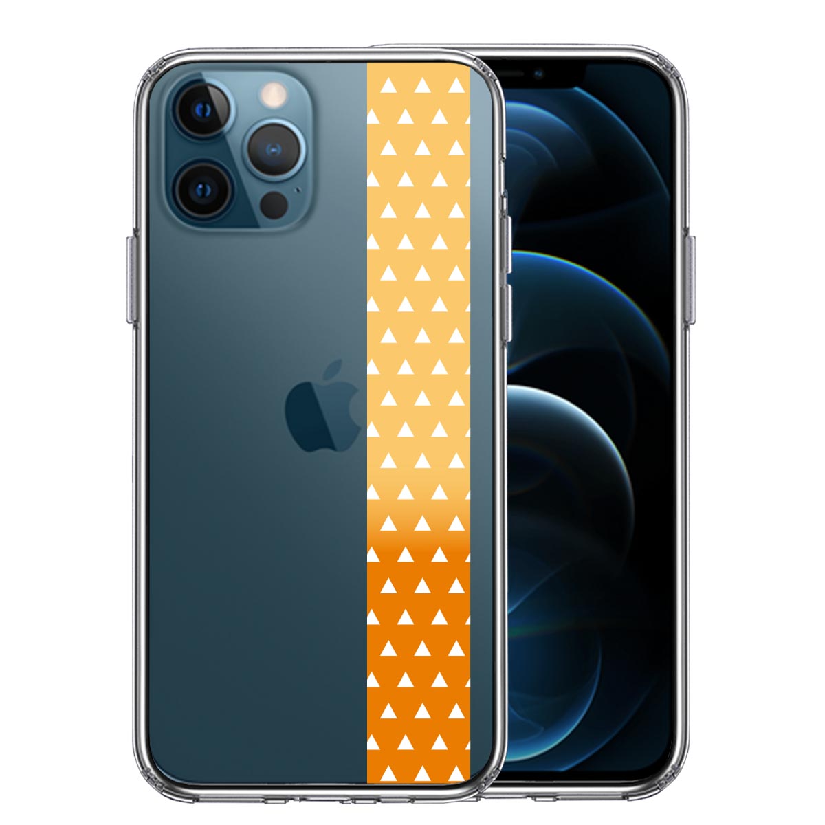 iPhone12 Pro 側面ソフト 背面ハード ハイブリッド クリア ケース 和柄 帯  鱗紋 うろこ紋 黄色 オレンジ